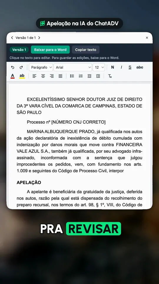 Tutorial real da IA do ChatADV: a apelação pronta no editor, com as listas Para preencher e Para conferir ao lado