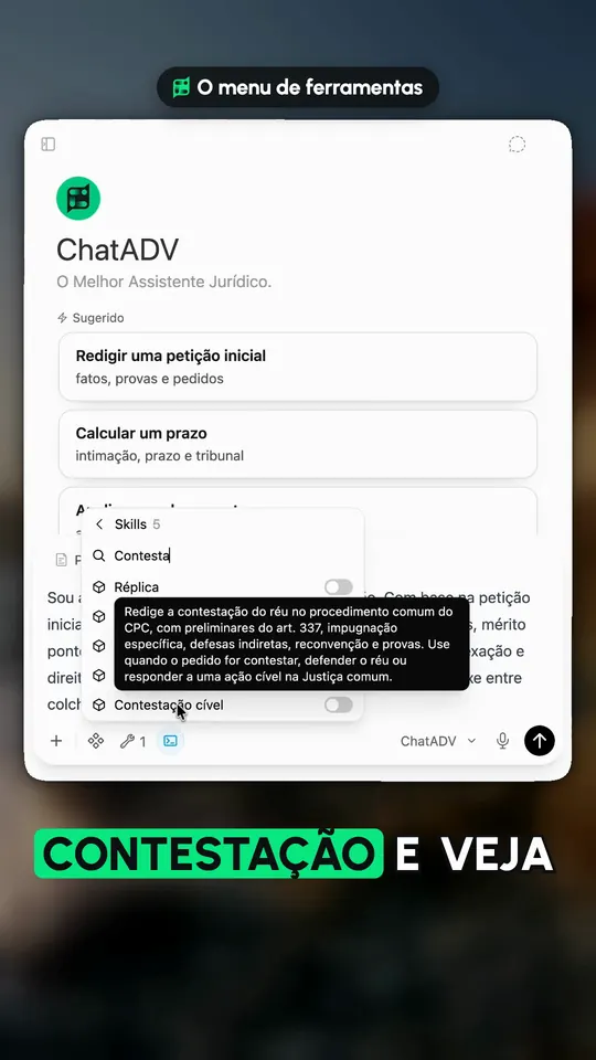 Tutorial real da IA do ChatADV: o roteiro de contestação aberto no menu de Skills antes de enviar o pedido