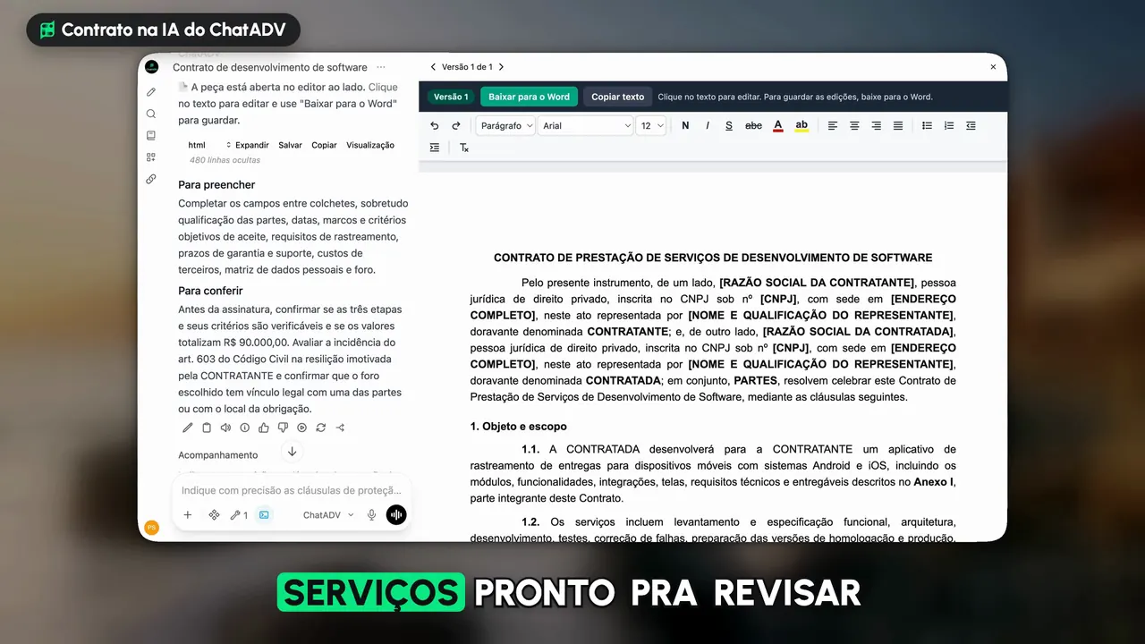 Tutorial real da IA do ChatADV: o contrato de prestação de serviços de desenvolvimento de software pronto no editor