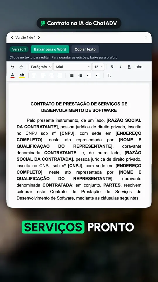 Tutorial real da IA do ChatADV: o contrato de prestação de serviços de desenvolvimento de software pronto no editor
