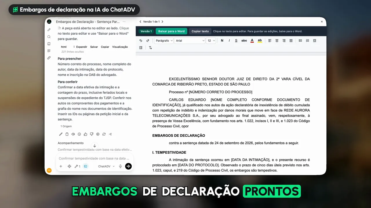 Tutorial real da IA do ChatADV: os embargos de declaração prontos no editor, com a tempestividade