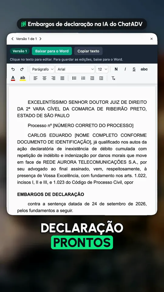 Tutorial real da IA do ChatADV: os embargos de declaração prontos no editor, com a tempestividade