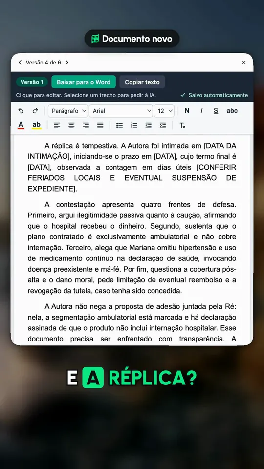 Vídeo real da IA do ChatADV: a réplica aberta no editor, com a tempestividade e a síntese da defesa