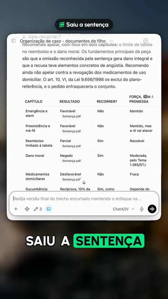 Vídeo real da IA do ChatADV: a análise da sentença capítulo por capítulo, com o que ganhou, o que perdeu e o que vale recorrer