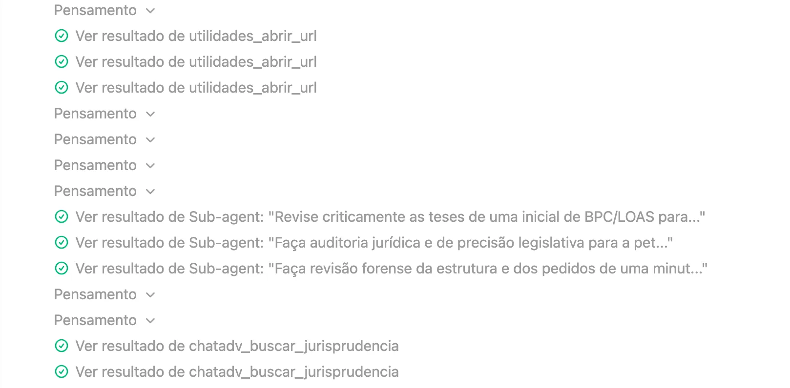 Tela real da IA do ChatADV: consultas à lei, pesquisa de jurisprudência e três especialistas revisando a petição