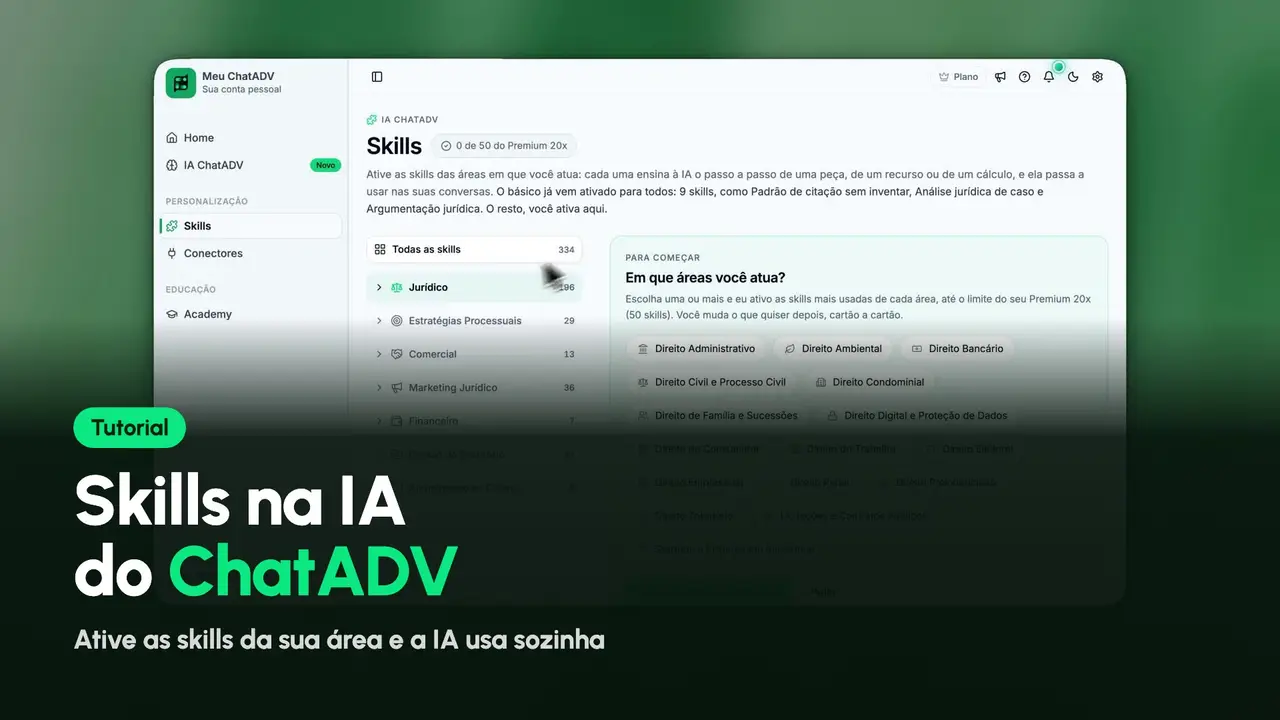 Tela de skills da IA do ChatADV, organizadas por área do direito