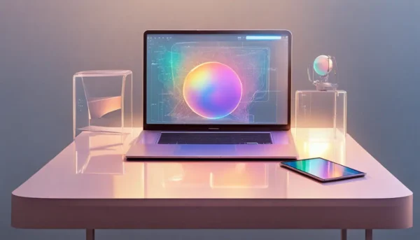 Imagem de um escritório futurista com ferramentas de tecnologia avançada para advogados, incluindo laptop com IA e holograma de balança da justiça.