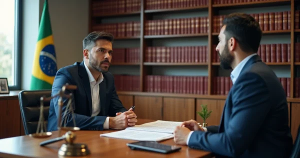 Advogado criminalista orientando réu primário em escritório jurídico